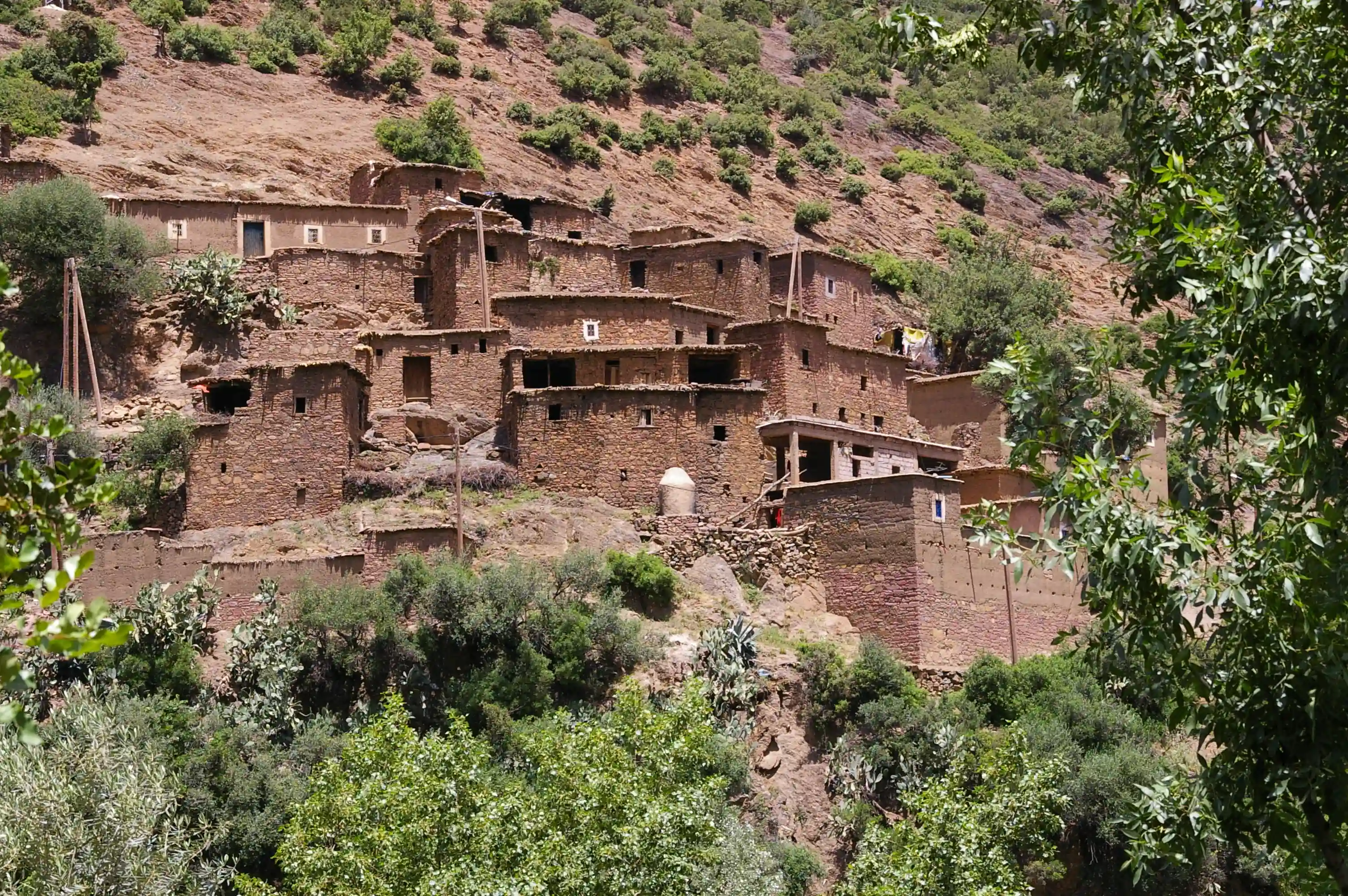 Village berbère traditionnel aux maisons en pisé et en pierre construites à flanc de montagne dans la vallée de l'Ourika, entouré de végétation.
